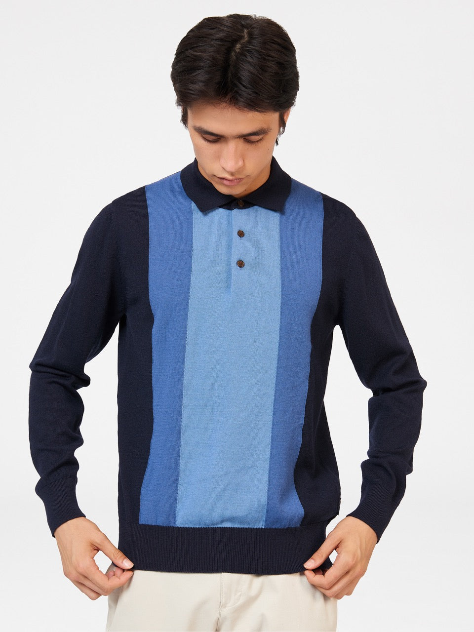 Pull à Col Polo Ben Sherman Block Stripe Merino Bleu Marine | PNZ-07431663